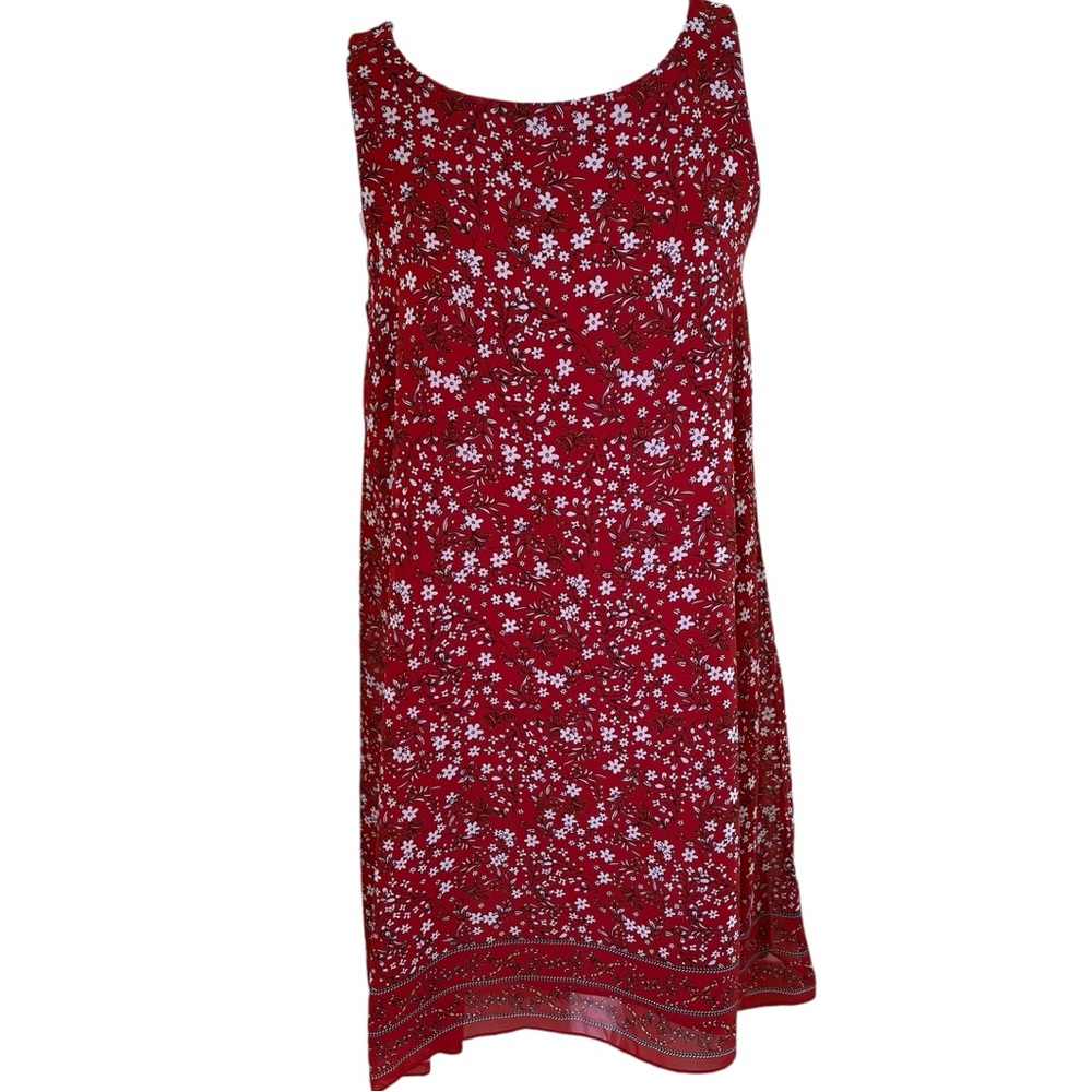 Max Studio Rust Red with White Ditsy Floral Sleeveless Chiffon Shift Dress